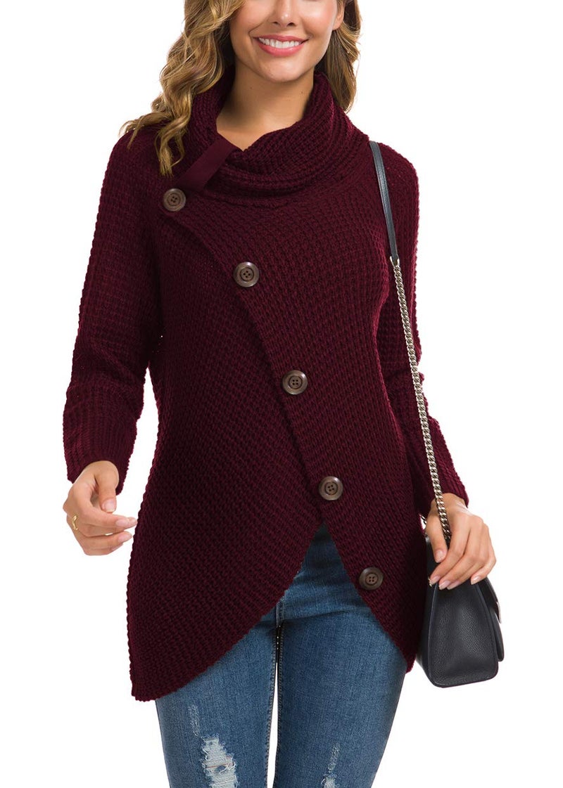 GRECERELLE Women's Fall Chunky Turtleneck Long Sleeve Asymmetric Hem Loose Knit Pullover Sweaters Tops, Wine Red, M - Image 2